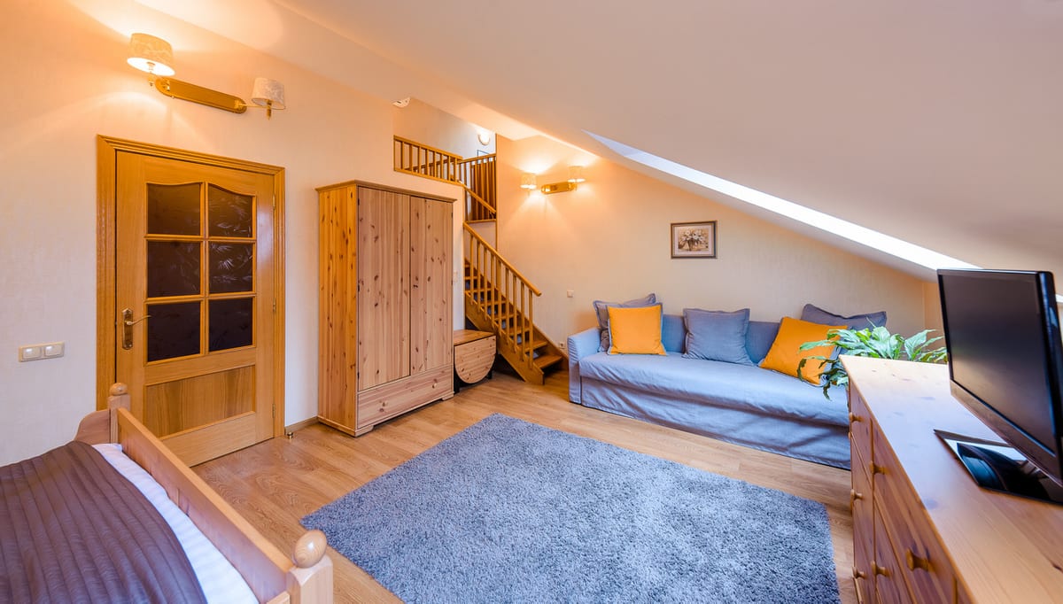 Mansard studio towards the door, with a sofa, a television and the staircase